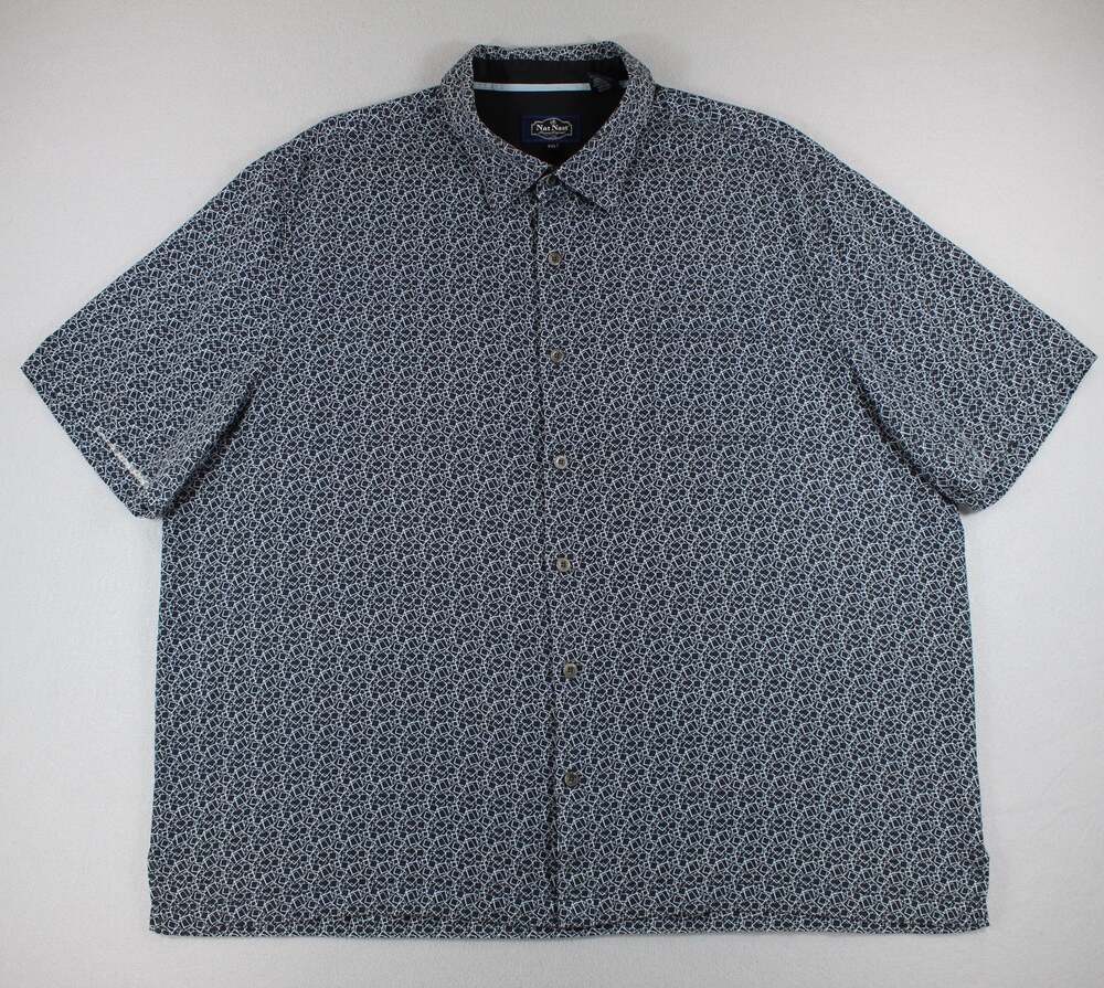 Nat Nast Shirt Mens 2XL Black Geometric Silk Cotton Short Sleeve Button-Up